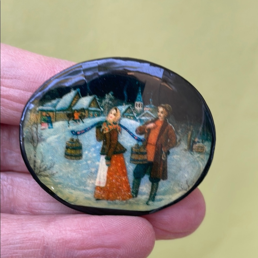 Vintage Russian handmade and hand painted Winter Scene Brooch